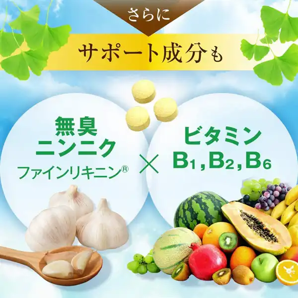 さらにサポート成分も、無臭ニンニク・ファインリキニン、ビタミンB1、B2、B6